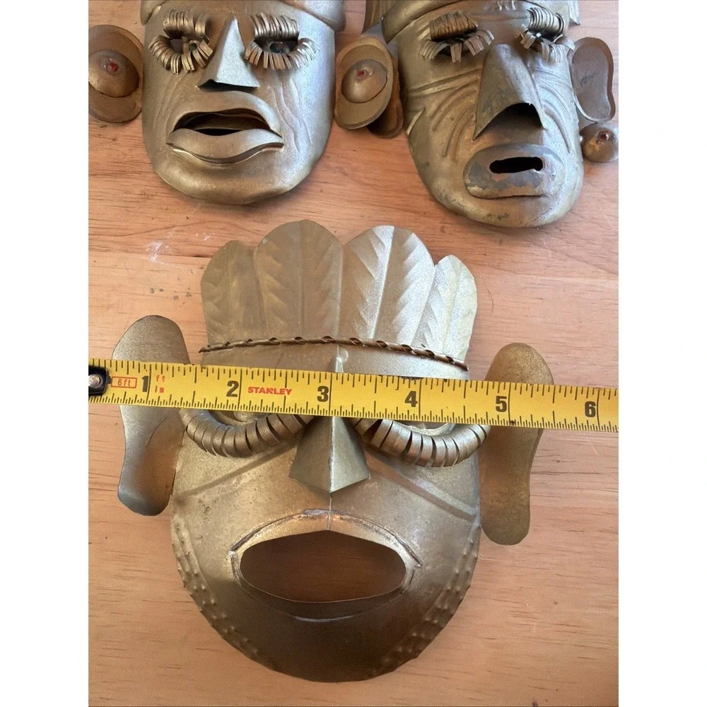 3 VNTG Mexican Tin Metal Masks Beaded Eyes Folk Art Primitive Style Tribal 6